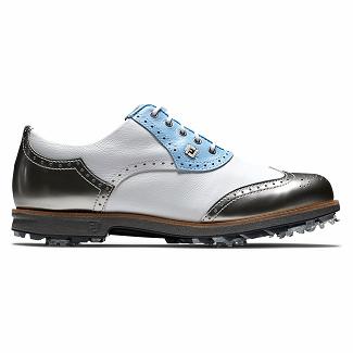 Women's Footjoy Premiere Series Spikes Golf Shoes White/Light Blue NZ-159652